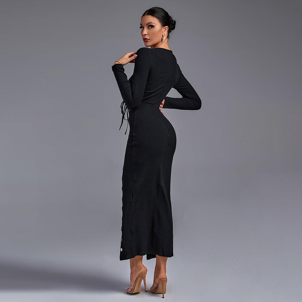Round Neck Long Sleeve Lace Up Over Knee Bodycon Dress