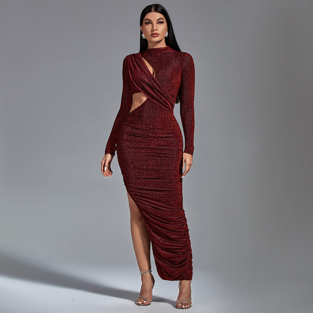 Long Sleeve Metallic Jersey Cutout Dress