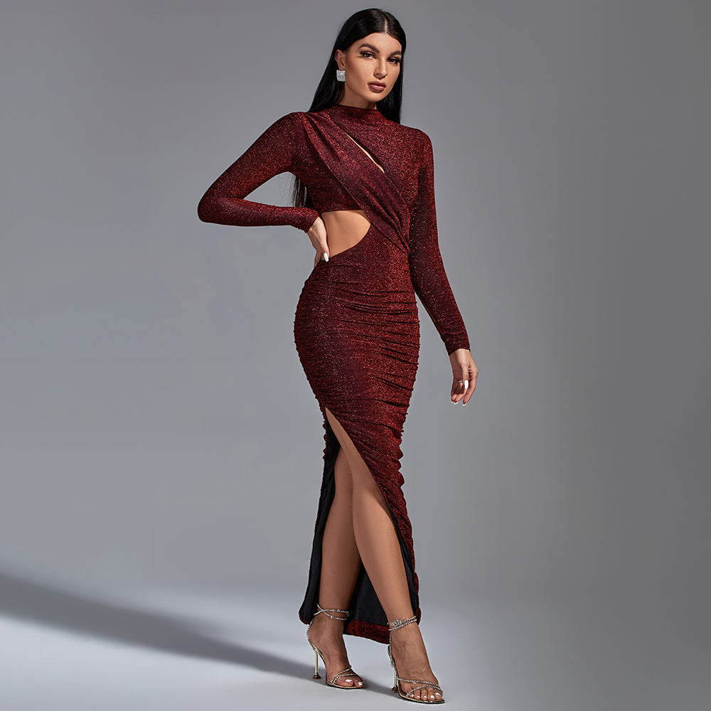 Long Sleeve Metallic Jersey Cutout Dress