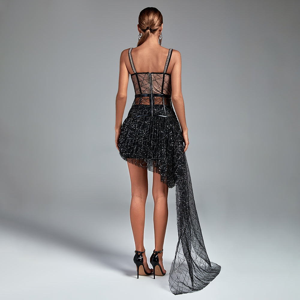 Strappy Mesh Sequined Draping Corset Gown