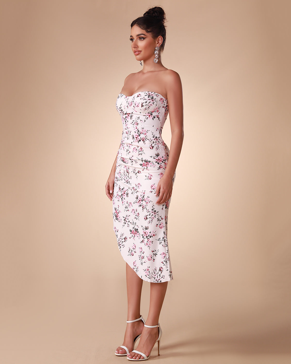 Floral Print Satin Strapless Dress