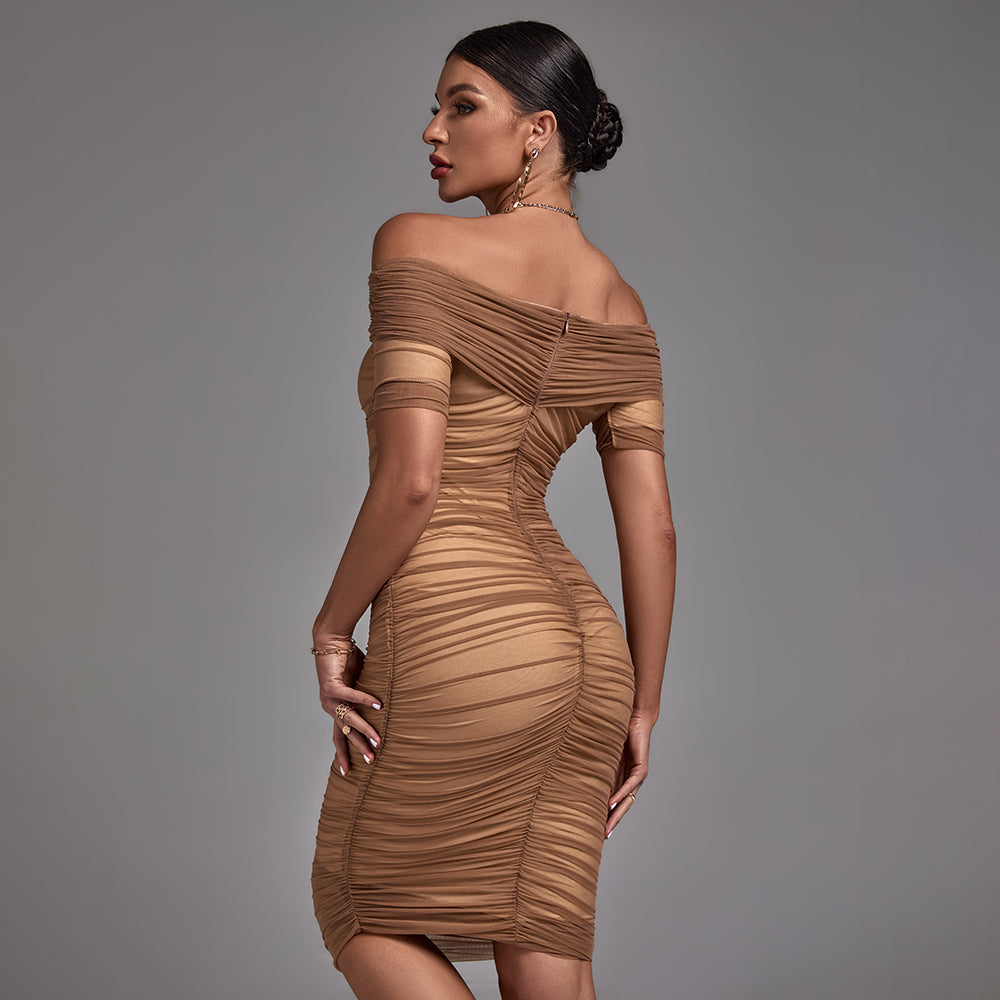 Off Shoulder Short Sleeve Ruched Midi Bodycon Dress