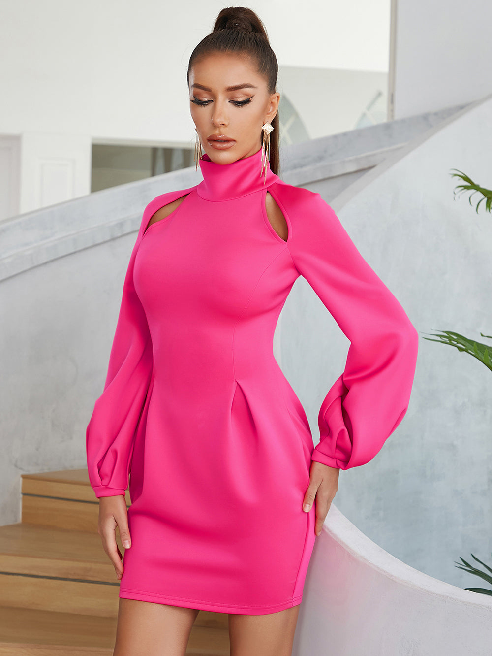 High Neck Long Sleeve Mini Hollow out Bodycon Dress
