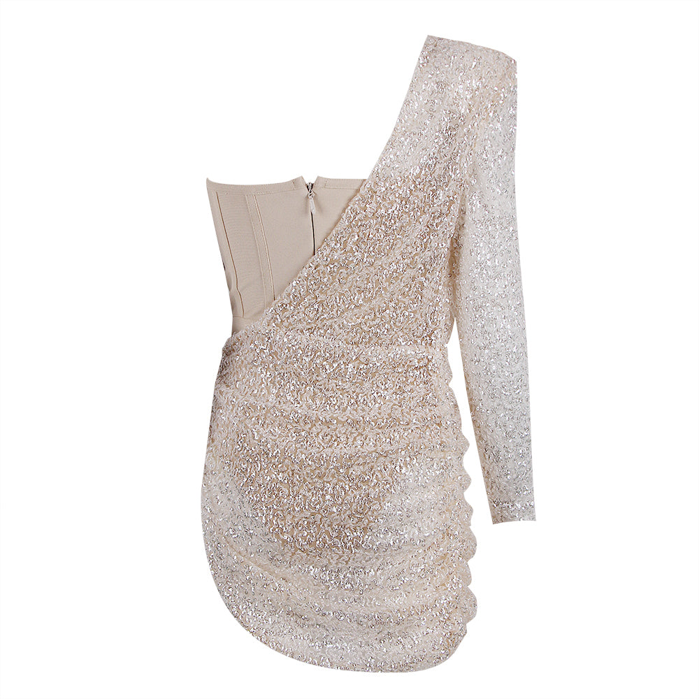 One Shoulder Long Sleeve Sequined Mini Bodycon Dress