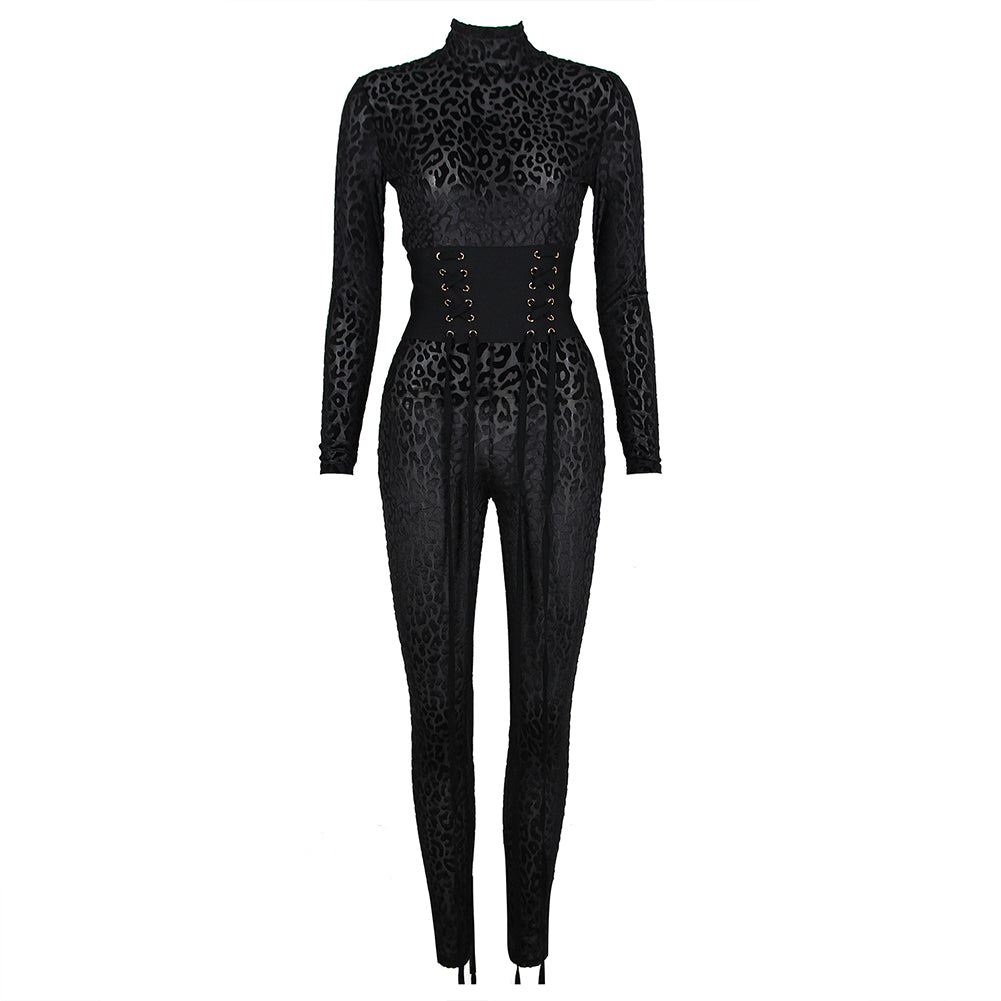 High Neck Long Sleeve Patterned Bodycon Jumpsuit