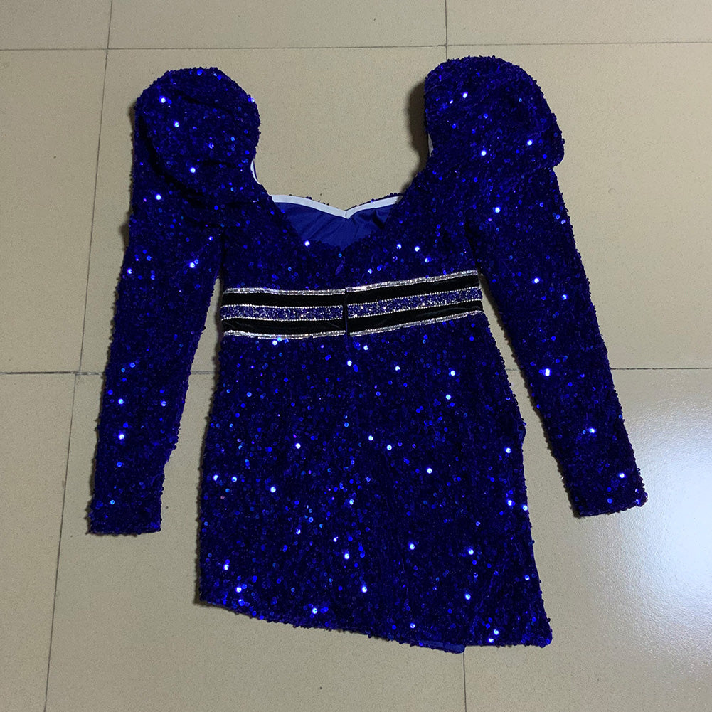 Square Collar Long Sleeve Sequined Mini Bodycon Dress