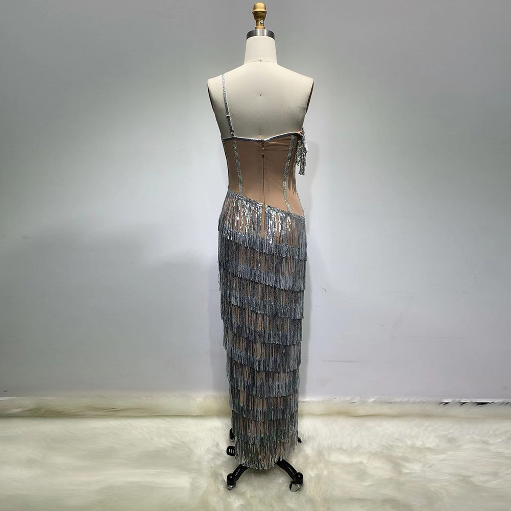 One Shoulder Short Sleeve Maxi Diamente Embellished Bodycon Dress
