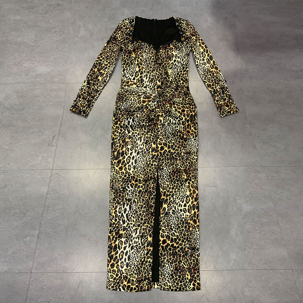 Square Collar Long Sleeve Maxi Diamente Embellished Bodycon Dress