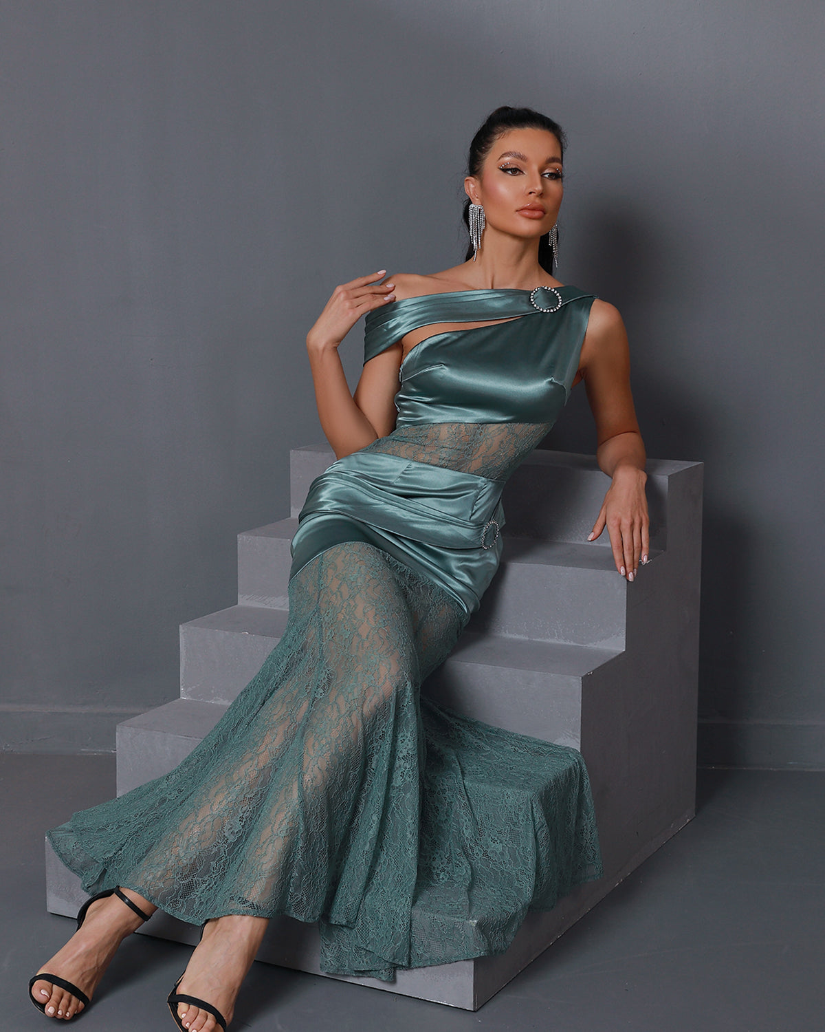 Asymmetric Lace Gauze Maxi Dress