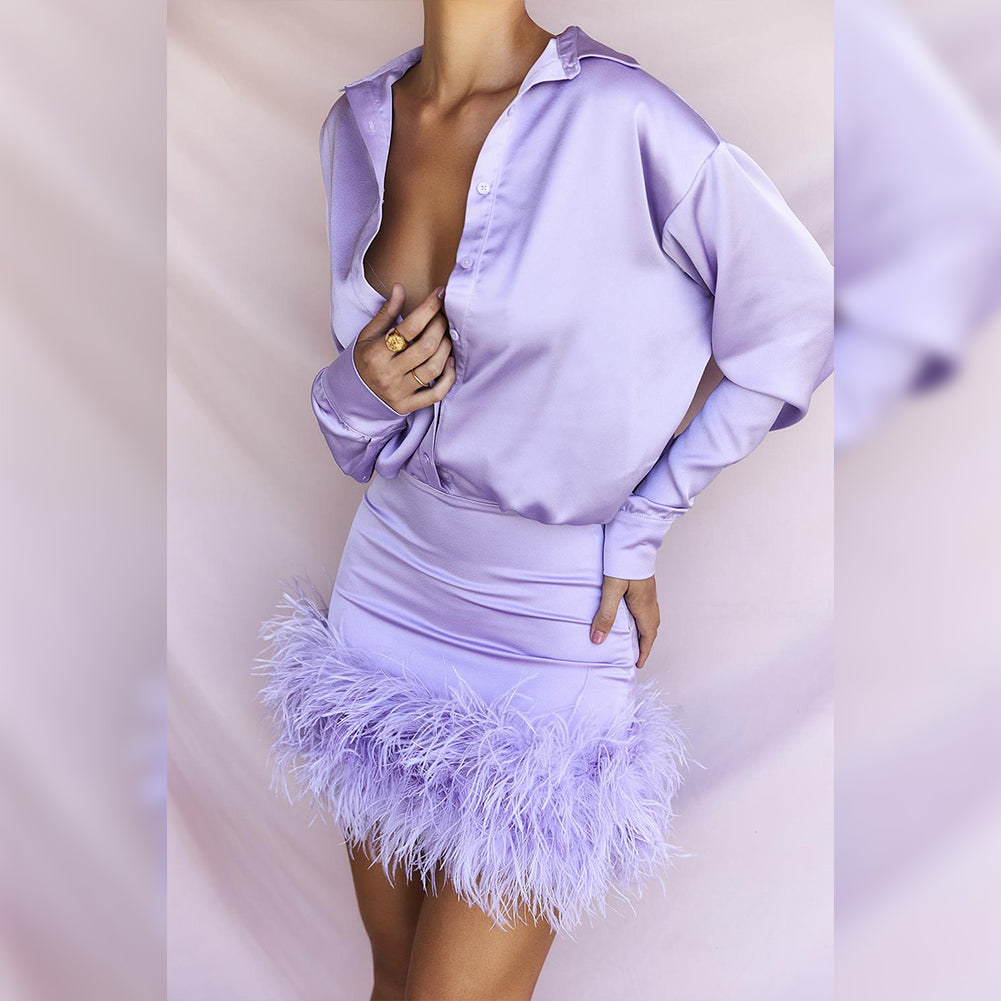 Round Neck Long Sleeve Mini Feather Bodycon Dress