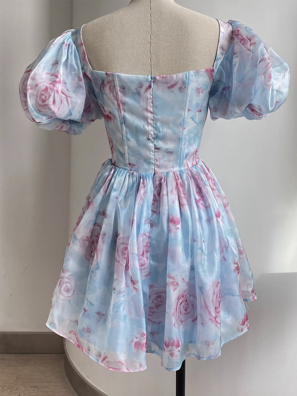 Square Collar Short Sleeve Printed Mini Dress