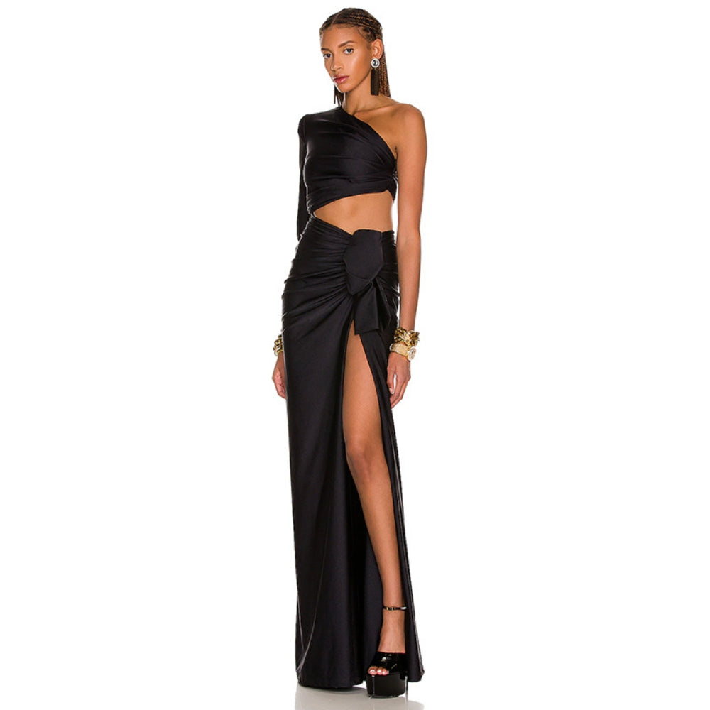 One Shoulder Long Sleeve Maxi Exposed Waist Bodycon Dress
