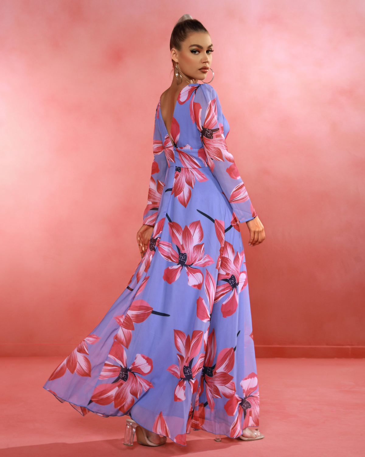 Purple Chiffon Floral Print Maxi Dress