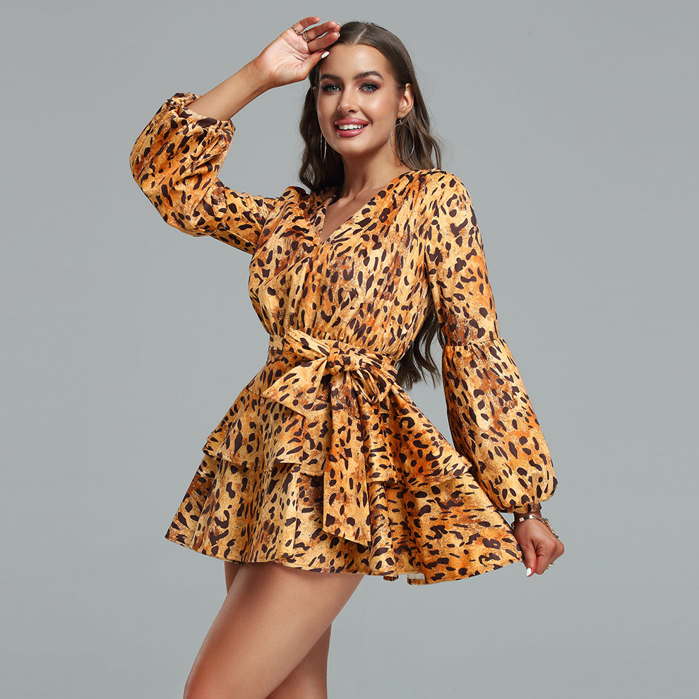 V Neck Leopard Print Mini Ruffle Dress