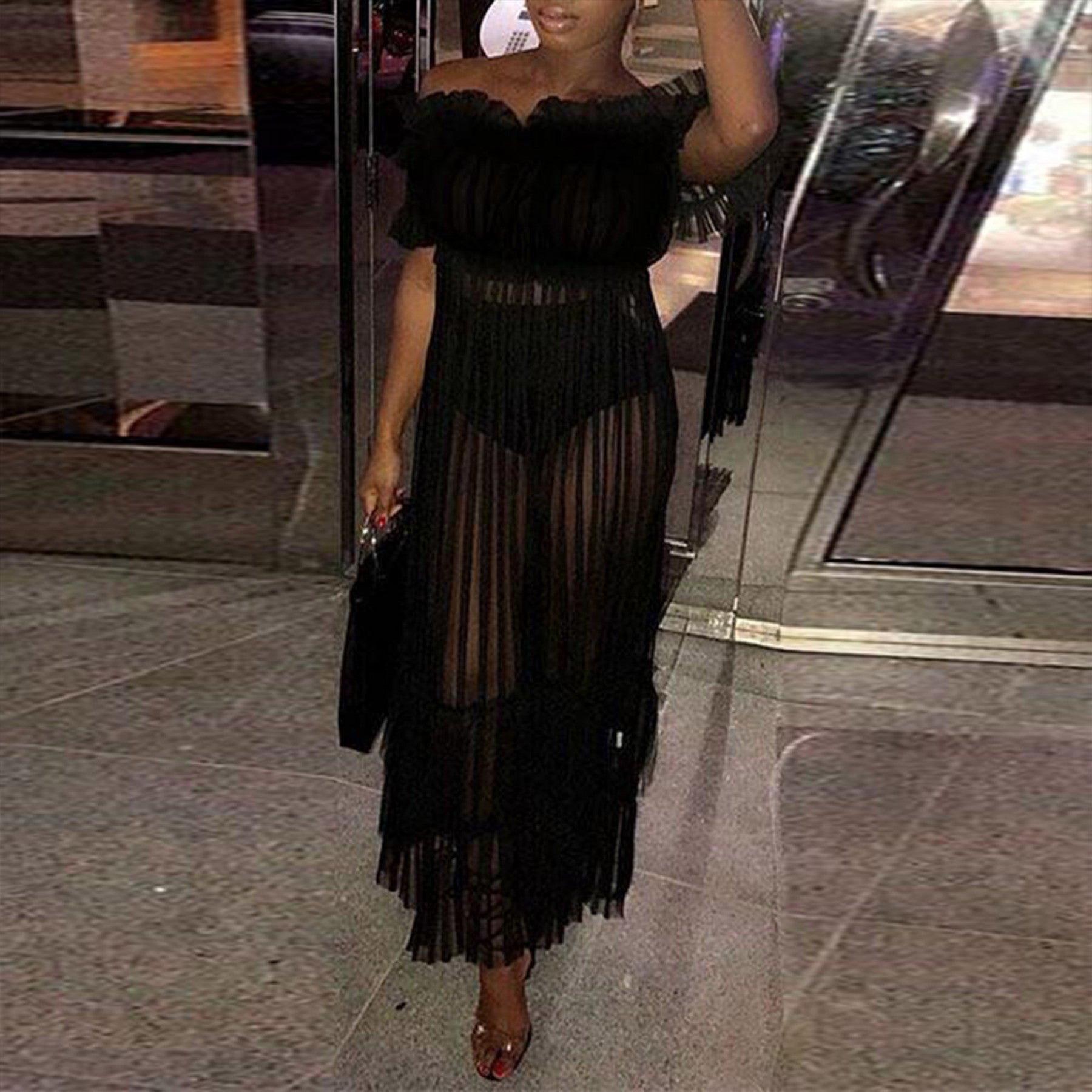 Off Shoulder Short Sleeve Lace Maxi Bodycon Dress
